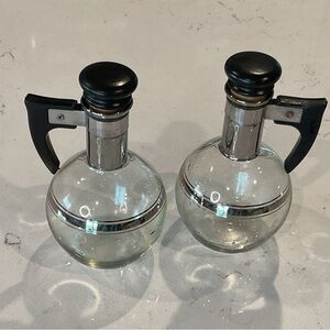 Vintage Glass Oil & Vinegar Dispensers w/Cork Toppers& Platinum Striping